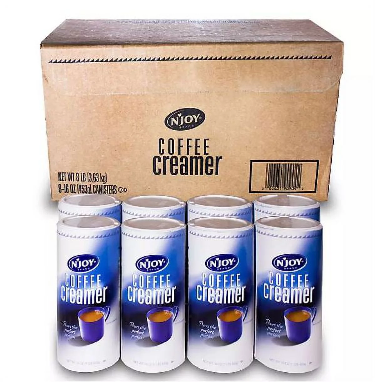 A box and four canisters of N'Joy Powdered Coffee Creamer, each labeled clearly, against a white background.