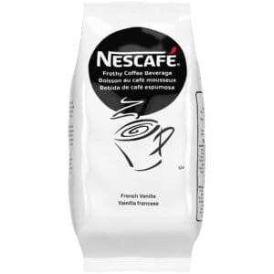 A Nescafe Cappuccino French Vanilla Powder sachet, with text in English, French, and Spanish.