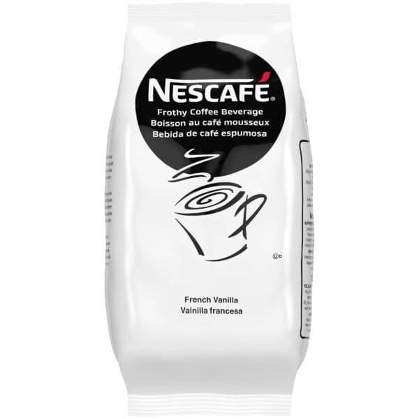 A Nescafe Cappuccino French Vanilla Powder sachet, with text in English, French, and Spanish.