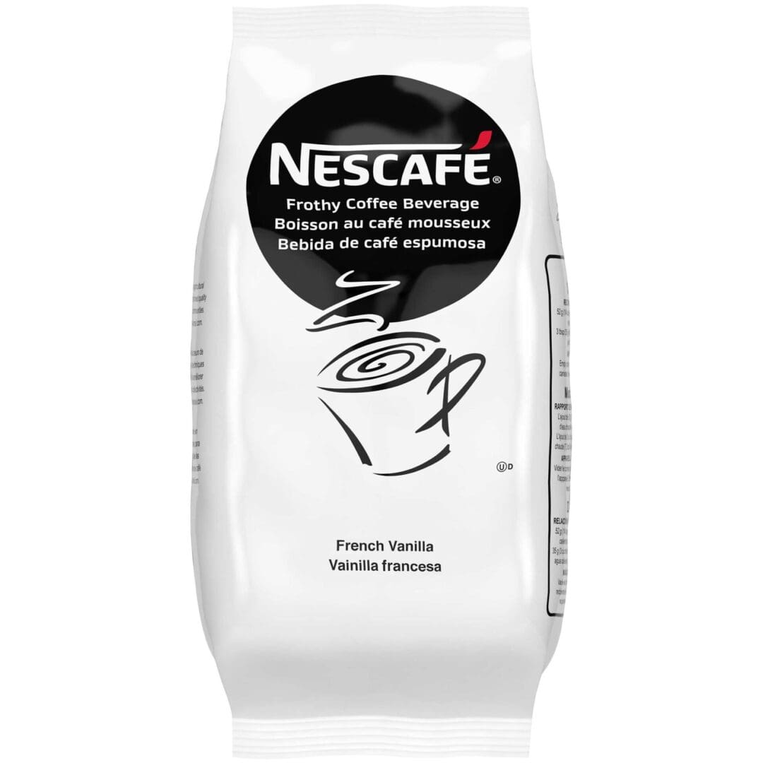 A Nescafe Cappuccino French Vanilla Powder sachet, with text in English, French, and Spanish.