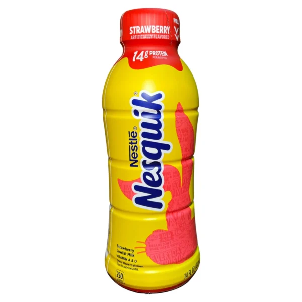 Strawberry Nesquik lowfat milk bottle.