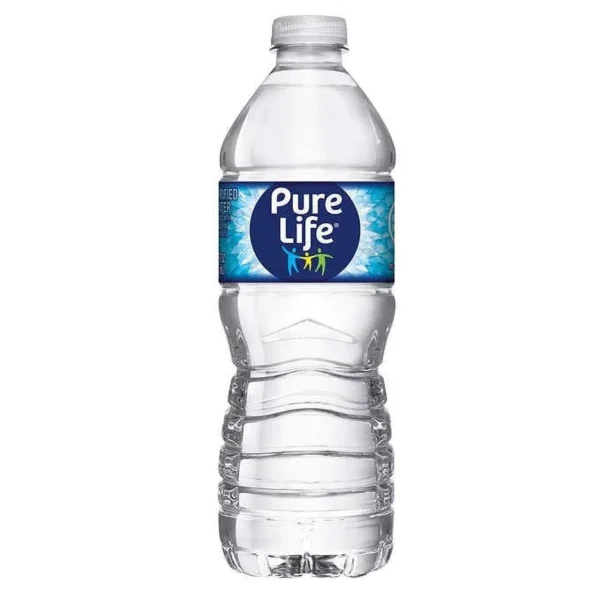 A bottle of Pure Life bottled water.