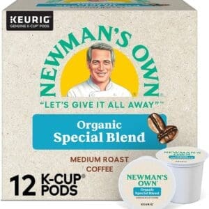 Box of Newman's Own Organic K-Cup Coffee Pods, Special Blend, featuring 12 pods and a portrait of Paul Newman.