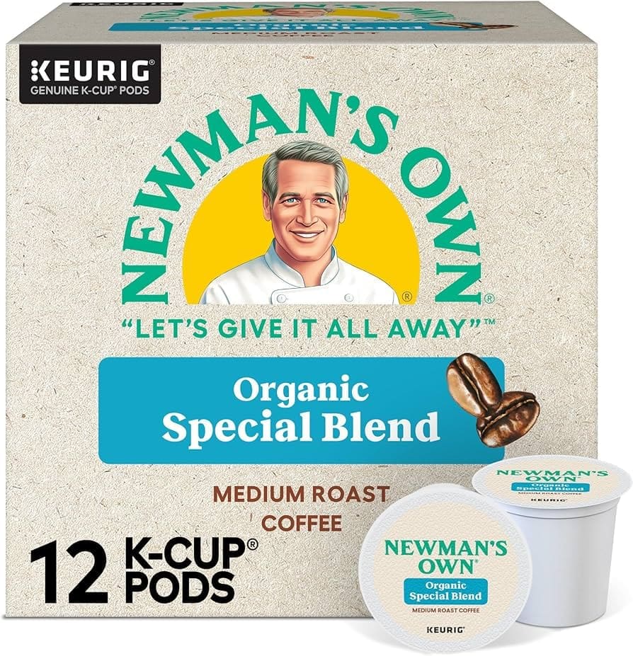 Box of Newman's Own Organic K-Cup Coffee Pods, Special Blend, featuring 12 pods and a portrait of Paul Newman.