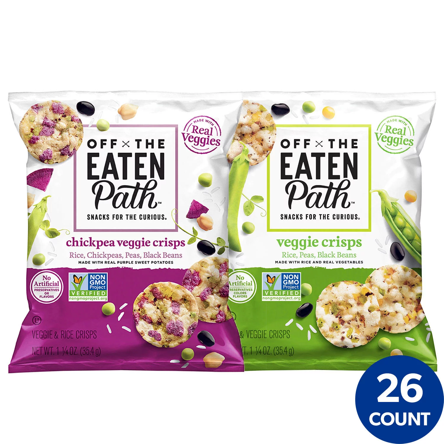 Off the Eaten Path veggie crisps, 26 count.