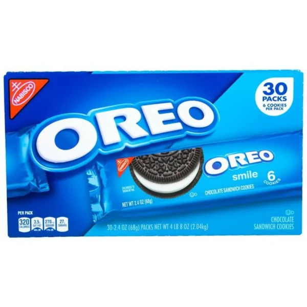 Oreo cookies, 30 packs, 6 cookies per pack.