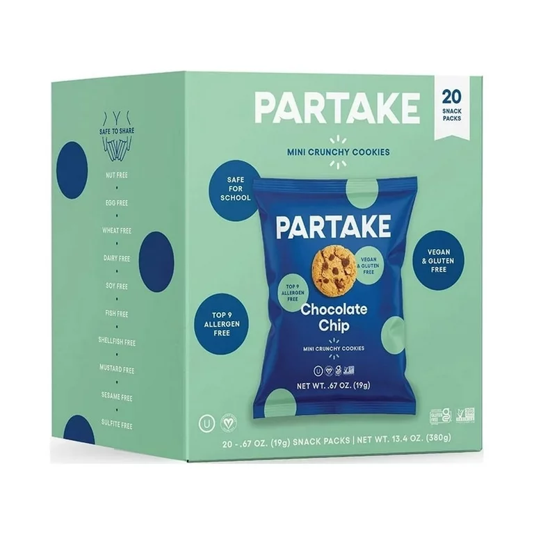 20-pack box of Partake Chocolate Chip Cookies.