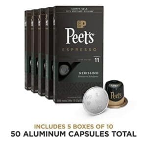 Five boxes of Peet's Coffee, Dark Roast Espresso Pods, Nerissimo Intensity 11 compatible with nespresso original machines, alongside visible capsules and packaging details.