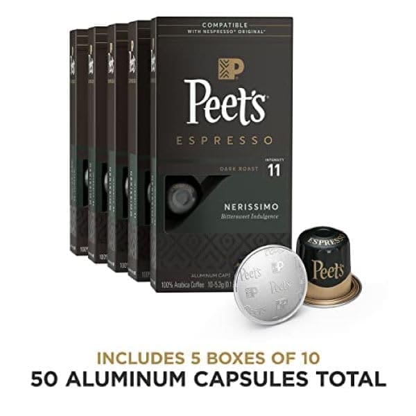 Five boxes of Peet's Coffee, Dark Roast Espresso Pods, Nerissimo Intensity 11 compatible with nespresso original machines, alongside visible capsules and packaging details.