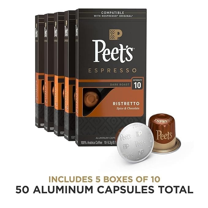 Five boxes of Peet's Coffee, Dark Roast Espresso Pods, Ristretto Intensity 10, compatible with nespresso original, displayed beside two individual capsules.