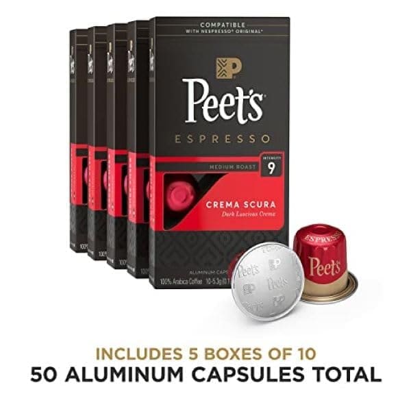 Five boxes of Peet's Coffee, Medium Roast Espresso Pods, Crema Scura Intensity 9 aluminum capsules, compatible with original machines, displayed with two single capsules outside the box.