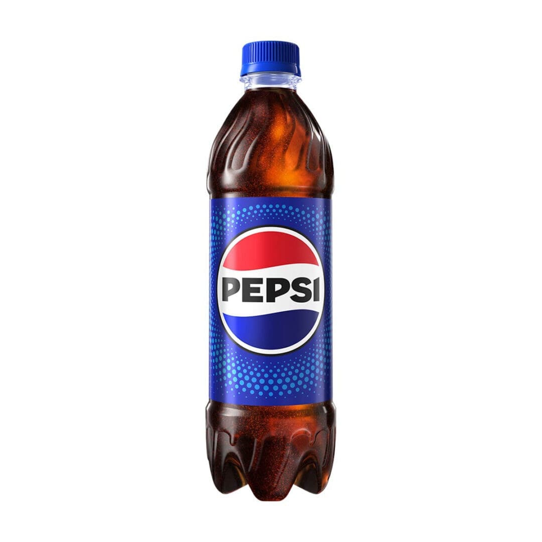 A brown Pepsi bottle with a blue label.