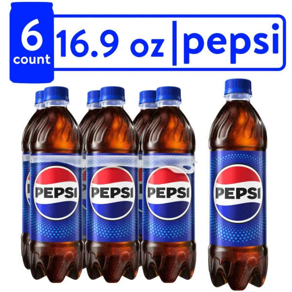 Six 16.9 oz bottles of Pepsi soda.