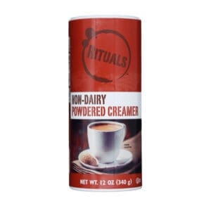 A Perfect Taste Non-Dairy Creamer Canister, featuring a red label with an image of a coffee cup, 12 oz weight indication.