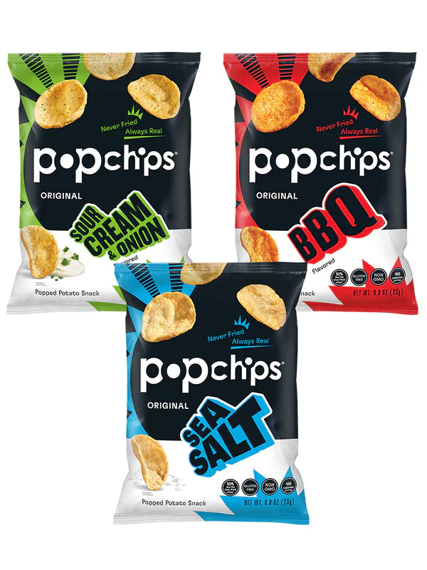 Popchips Original flavors: Sour Cream, BBQ, Sea Salt.