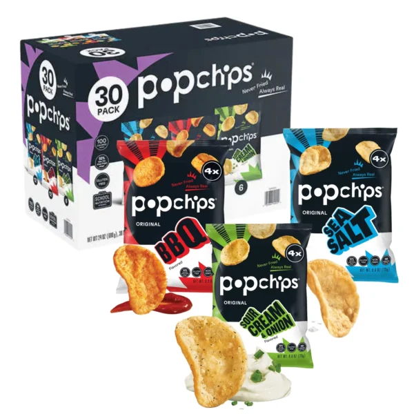 30 pack of popchips in four flavors.