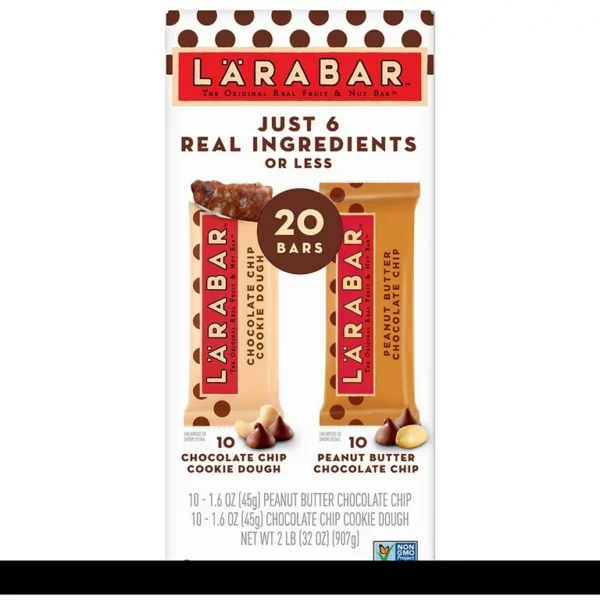 20 LRABAR bars, peanut butter and chocolate chip flavors.