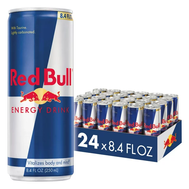 24 pack of Red Bull energy drink cans.