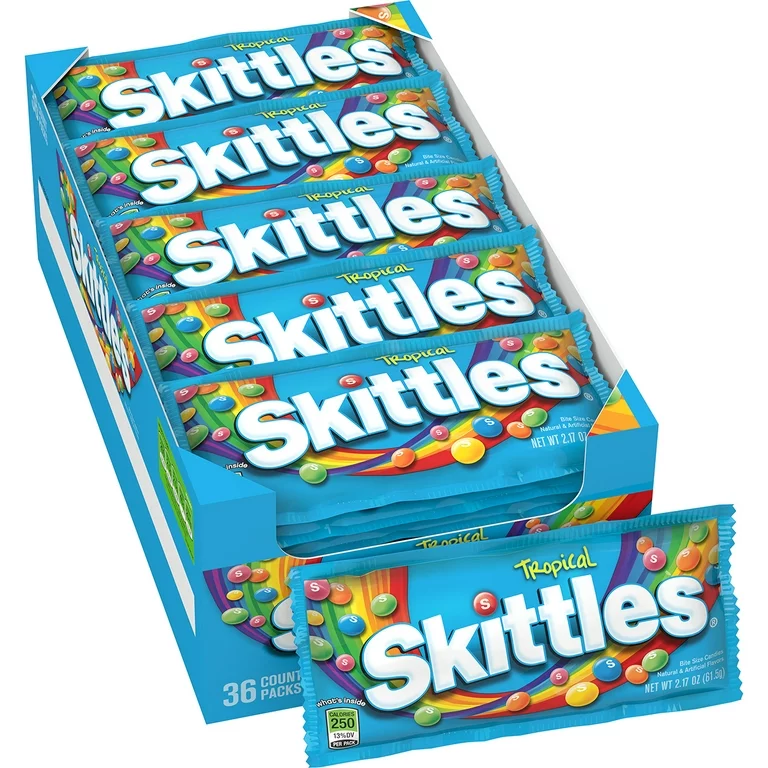 Box of 36 tropical Skittles candy packs.