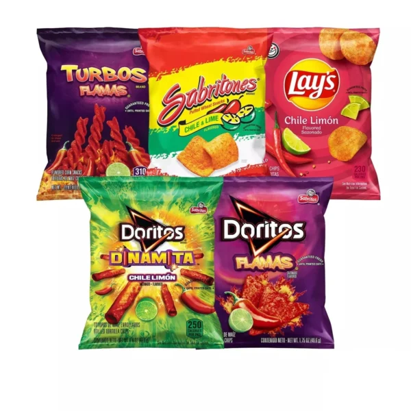 Assortment of spicy flavored chips.