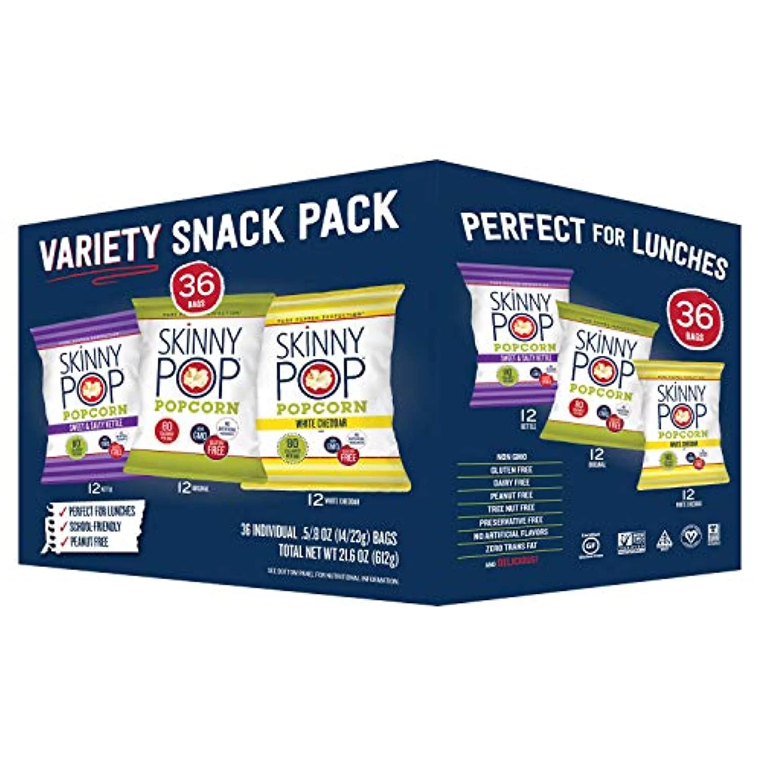 36 bags of Skinny Pop popcorn variety pack.