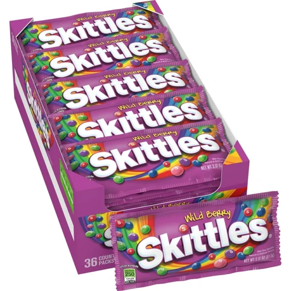 36 count box of Wild Berry Skittles candy.