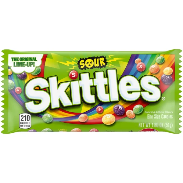 Sour Skittles candy bag with assorted flavors.