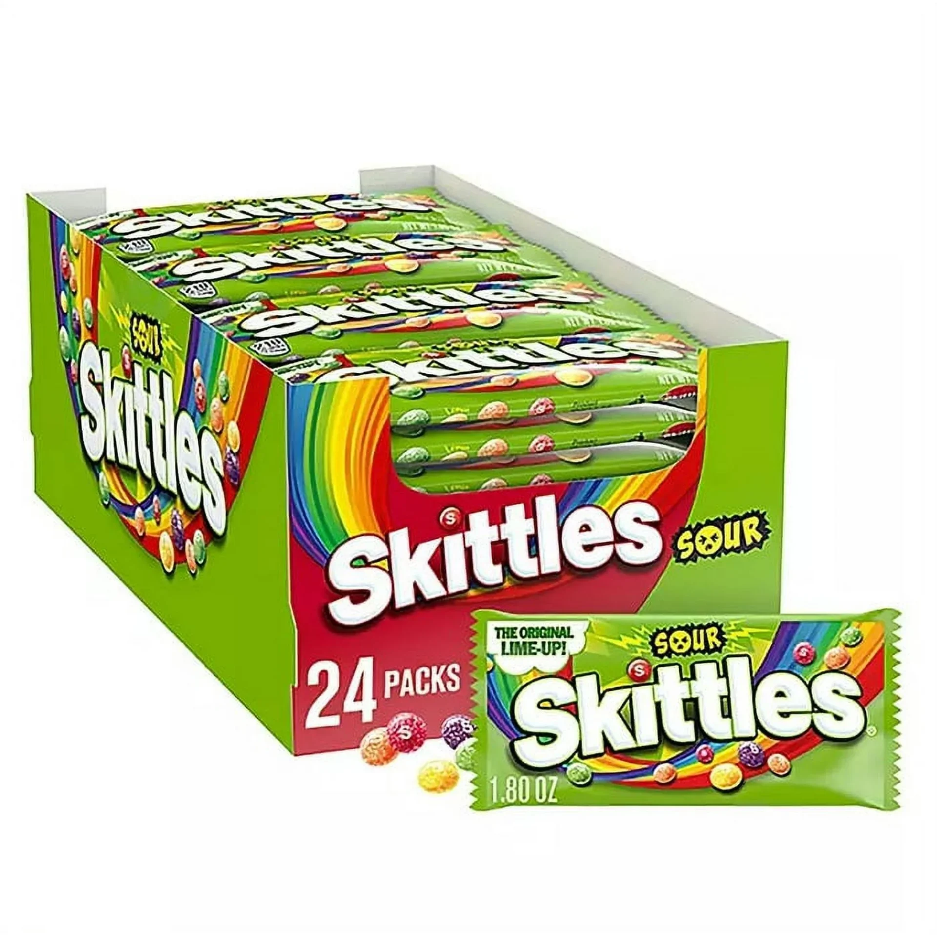 24 pack box of sour Skittles candy.