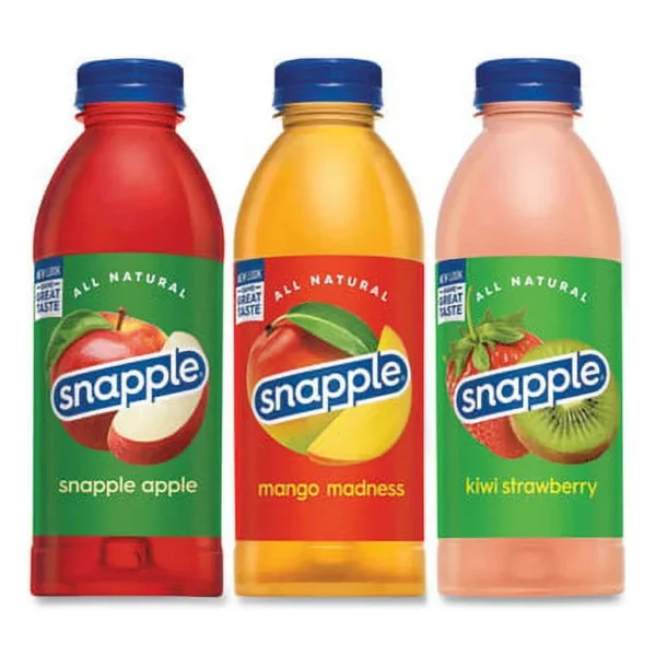 Three Snapple bottles: apple, mango, kiwi.