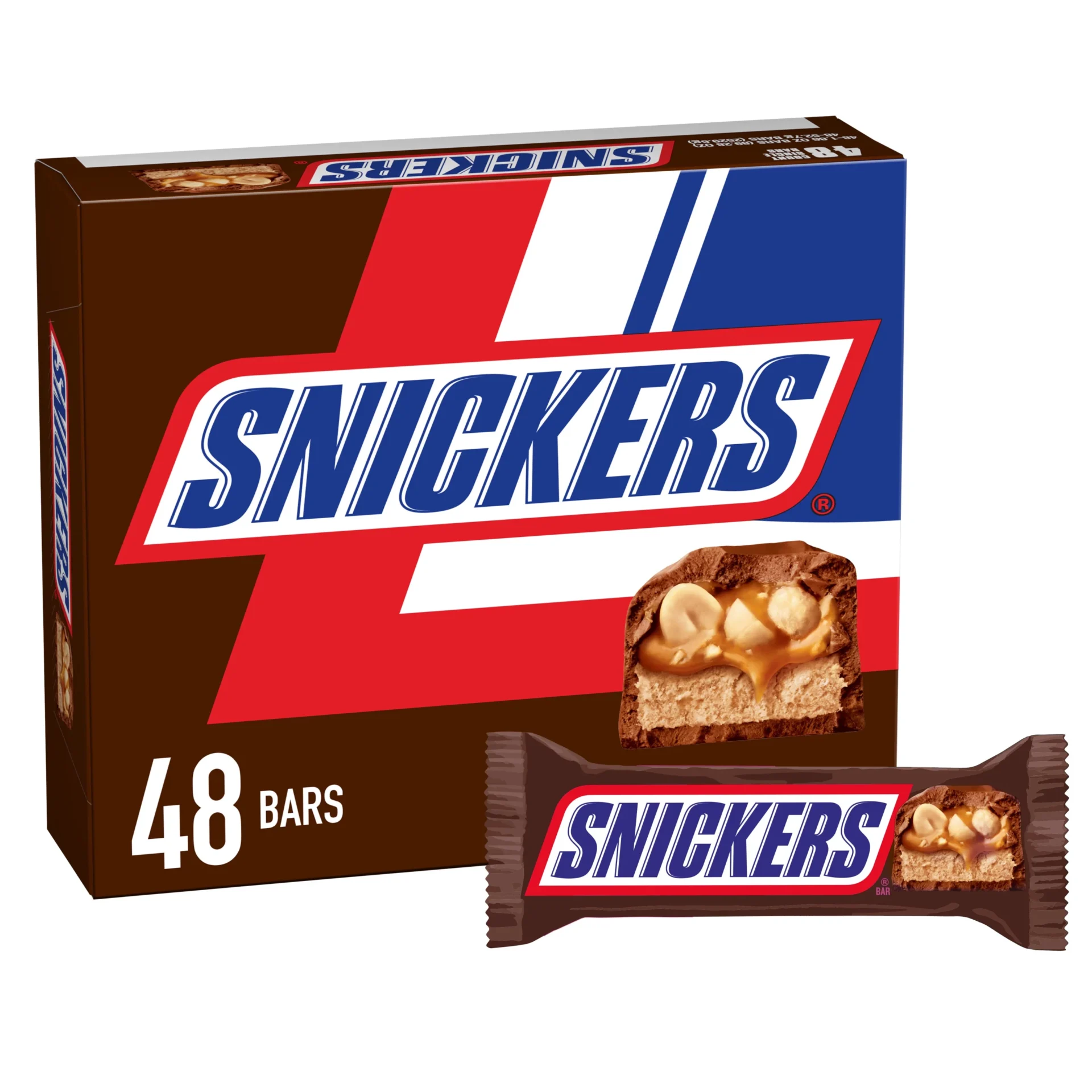 48 Snickers chocolate bars in a box.