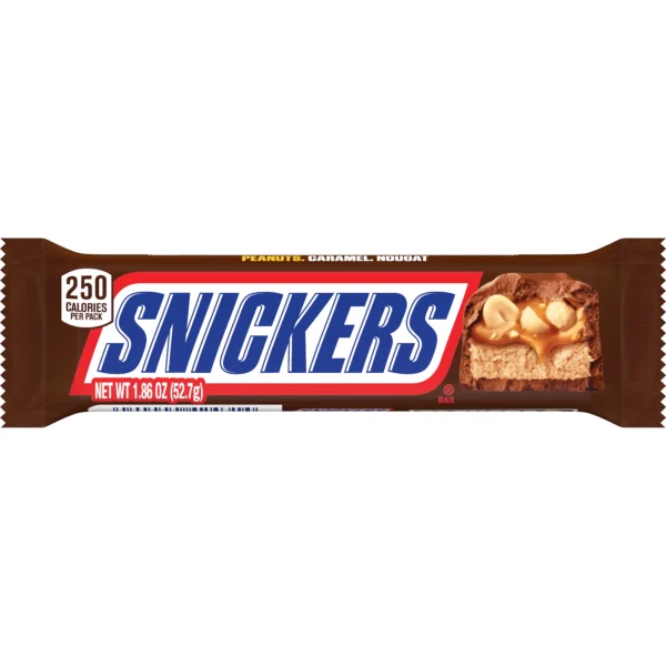 Snickers candy bar with peanuts, caramel, and nougat.