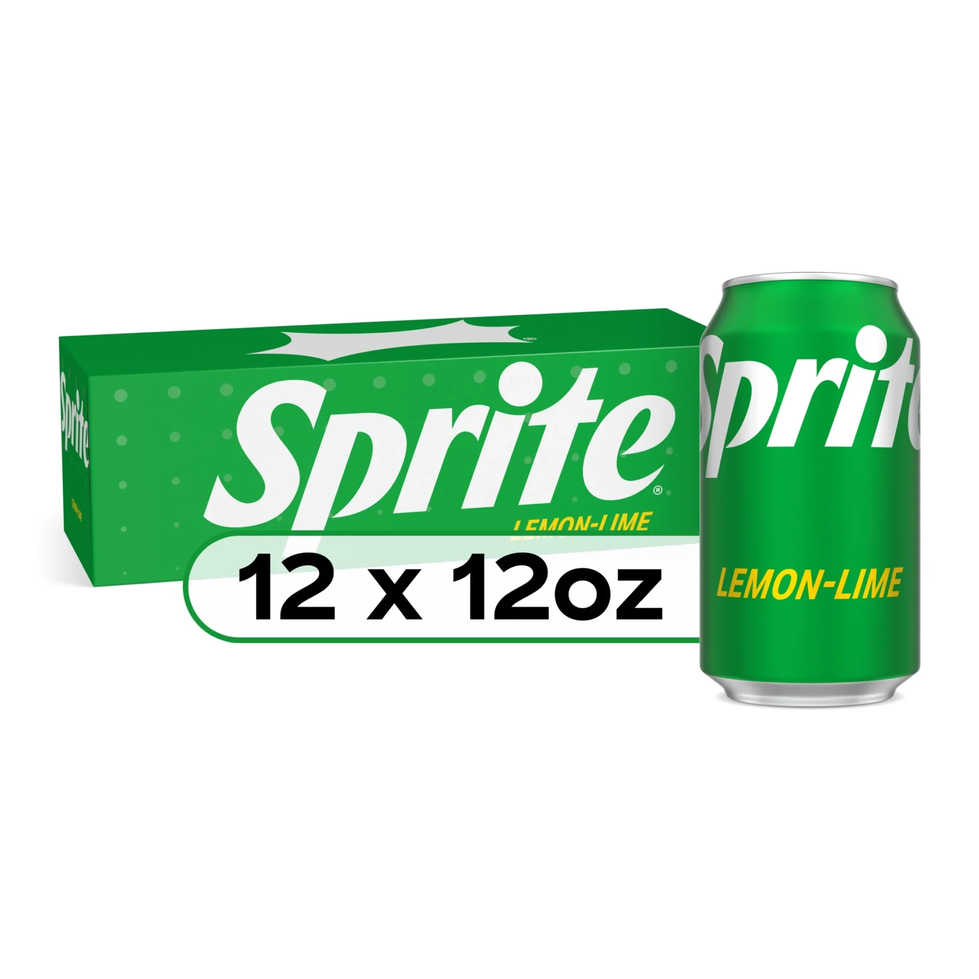 12 pack of Sprite lemon-lime soda cans.