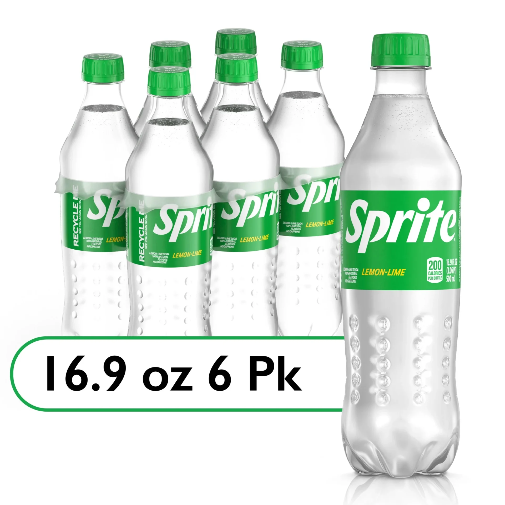 Sprite lemon-lime soda, 6 pack, 16.9 oz bottles.