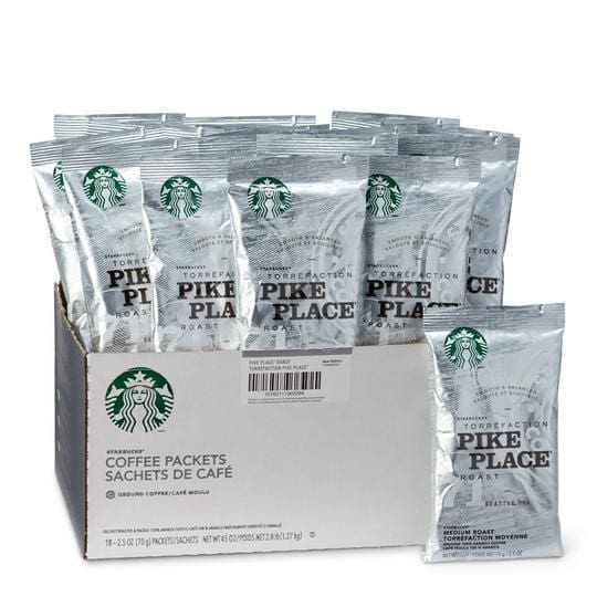 Starbucks Pike Place Roast coffee packets.