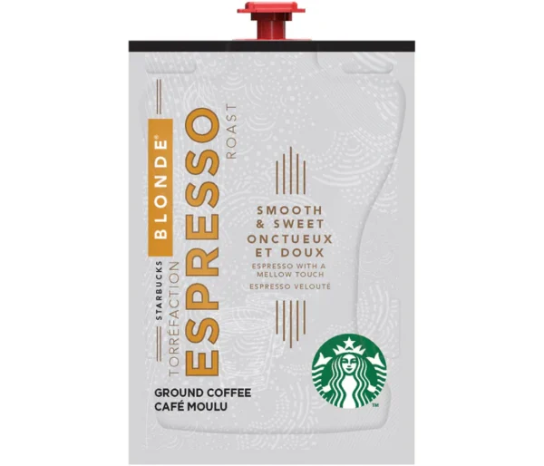 A package of FLAVIA Starbucks® Blonde Espresso Roast ground coffee with text describing it as smooth and sweet, featuring a red twist cap.