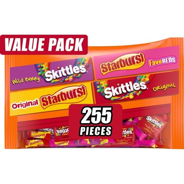 Value pack of 255 assorted Skittles and Starburst candies.