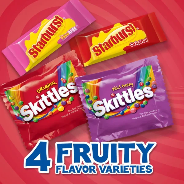 Four Skittles and Starburst candy packs.