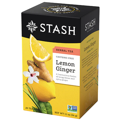 Stash caffeine-free lemon ginger herbal tea box.