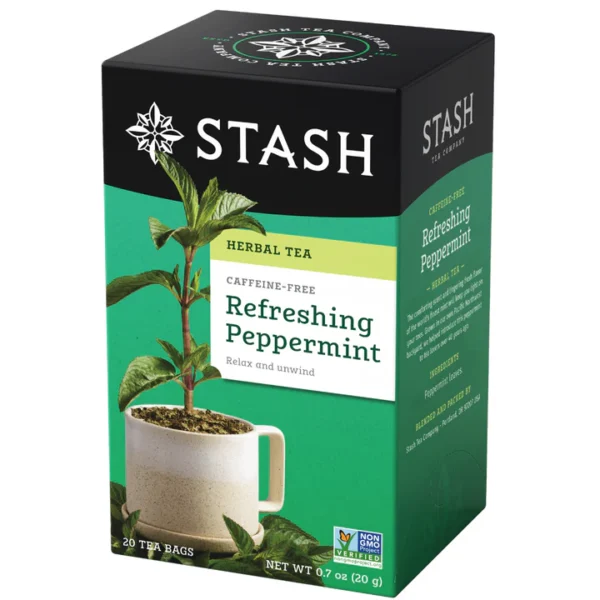 Stash caffeine-free refreshing peppermint tea bags.