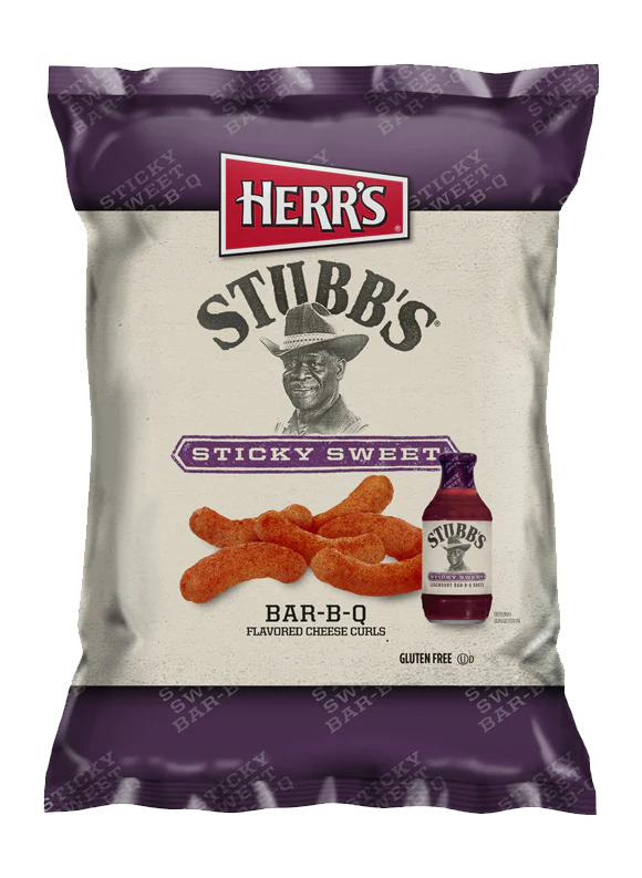 A bag of Herr's Stubb's Sticky Sweet Cheese Curl, featuring an image of sauce and curls on the front, labeled as gluten-free.