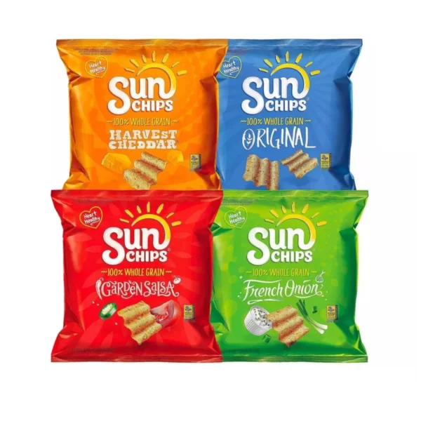 Four bags of Sun Chips with different flavors.