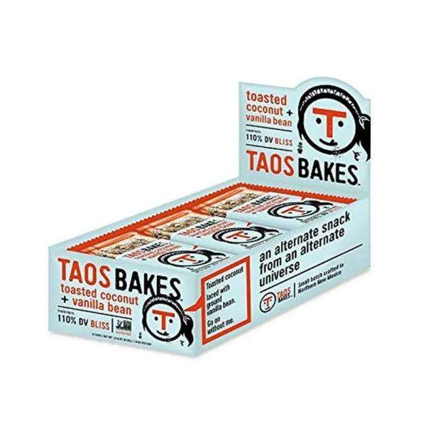 Box of Taos Bakes toasted coconut and vanilla bean bars.