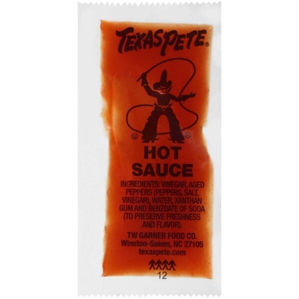 Texas Pete hot sauce packet with cowboy logo.