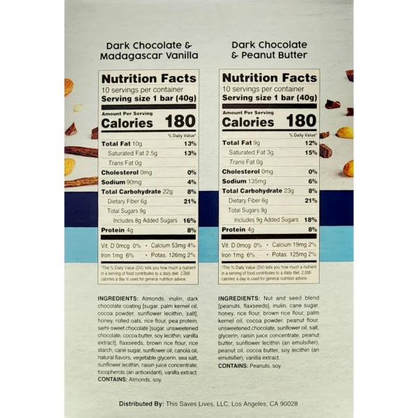 Nutrition facts for dark chocolate & Madagascar vanilla bar.