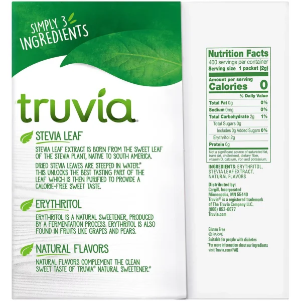 Truvia zero calorie sweetener packet.