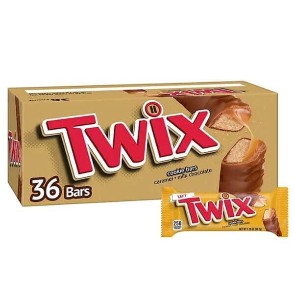 36 Twix cookie bars, caramel & milk chocolate.