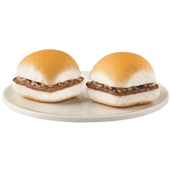 Two mini beef sliders on a white plate.