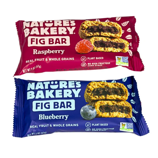 Two Nature's Bakery fig bars, raspberry and blueberry.