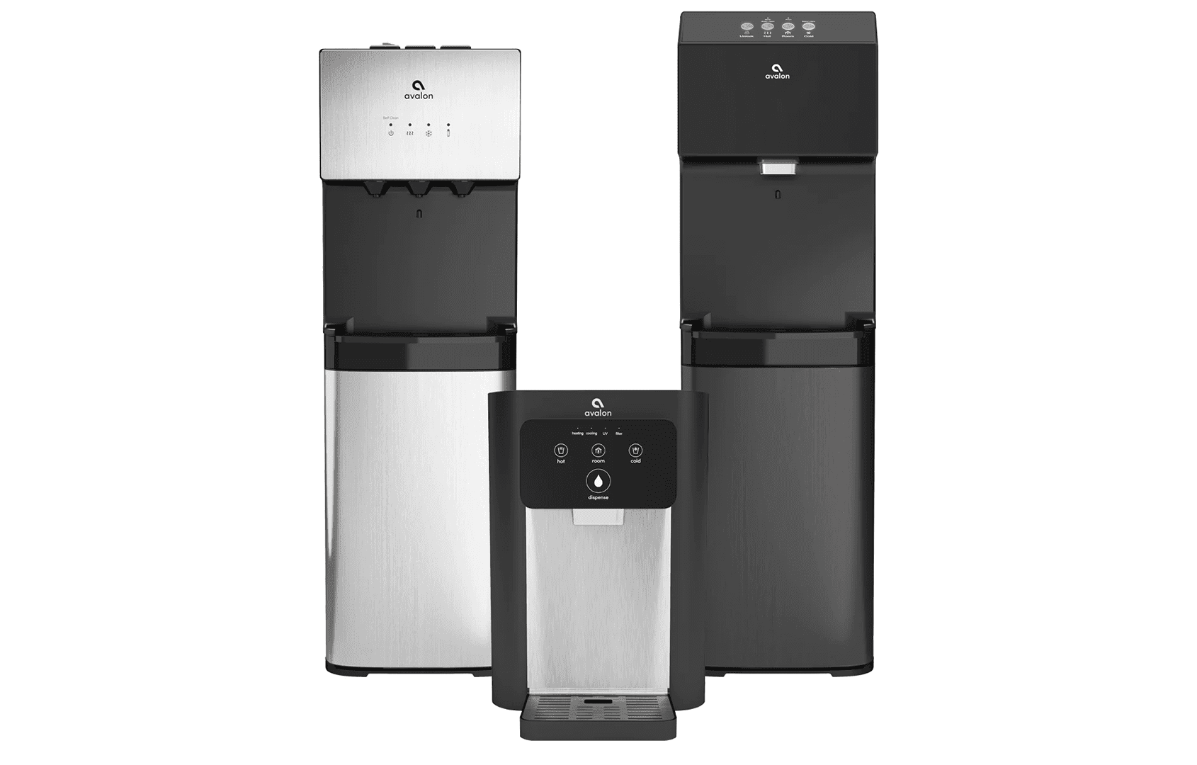 Three modern water coolers with dispensers, in silver, black, and black with digital controls, isolated on a white background.