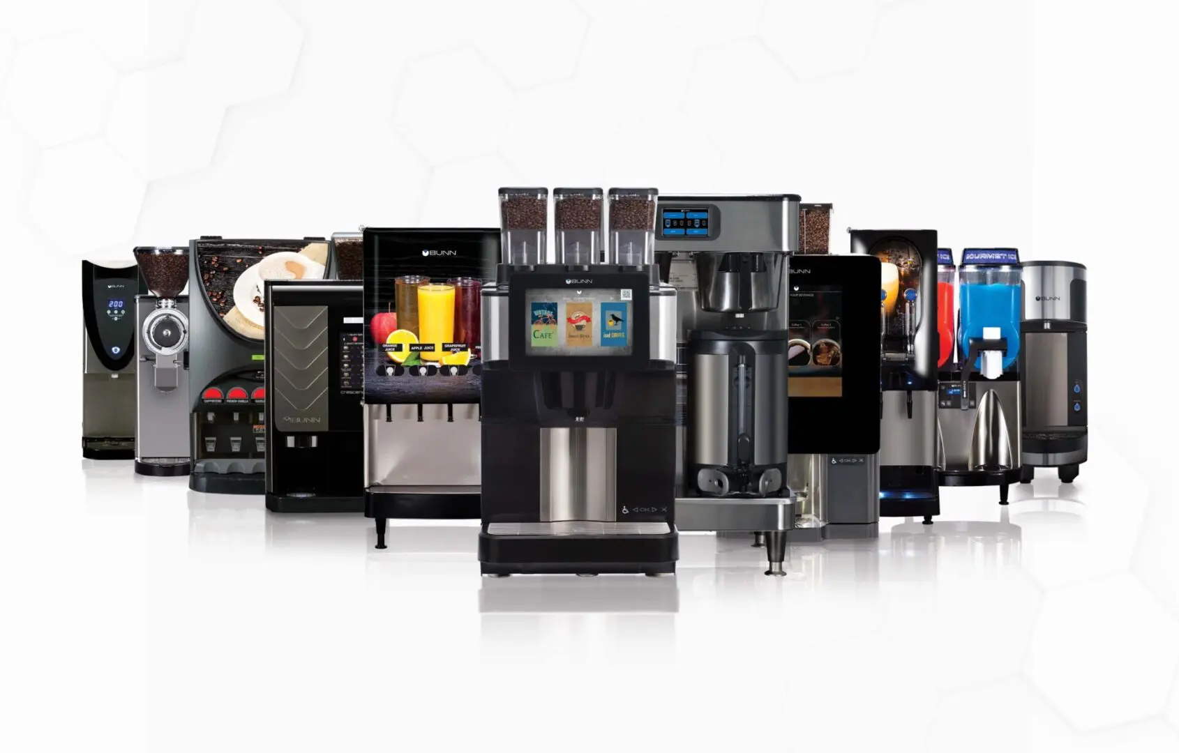 Line of assorted modern coffee machines with various sizes and designs displayed against a white background.